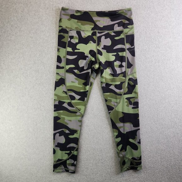Zyia Active Leggings Womens 12 Green Camo Cropped Mid Rise Pockets - Picture 1 of 12